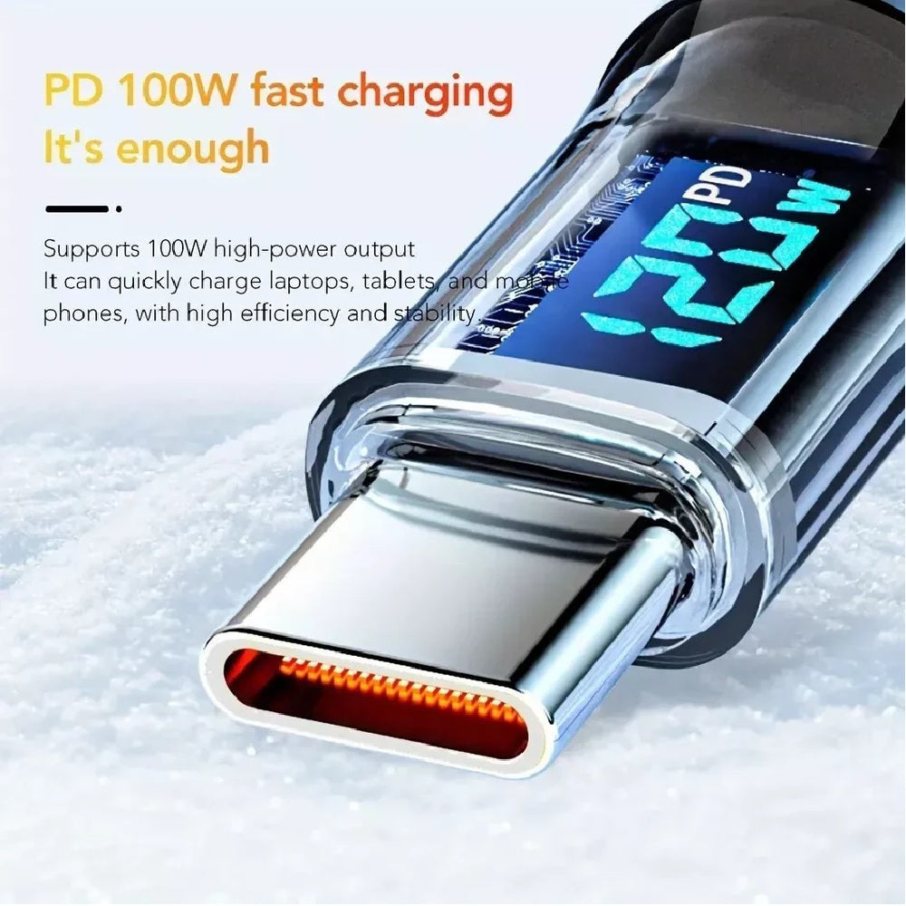 Digital Display USB A to Type C Cable 7A 120W Fast Charger Braided USB-C Lead